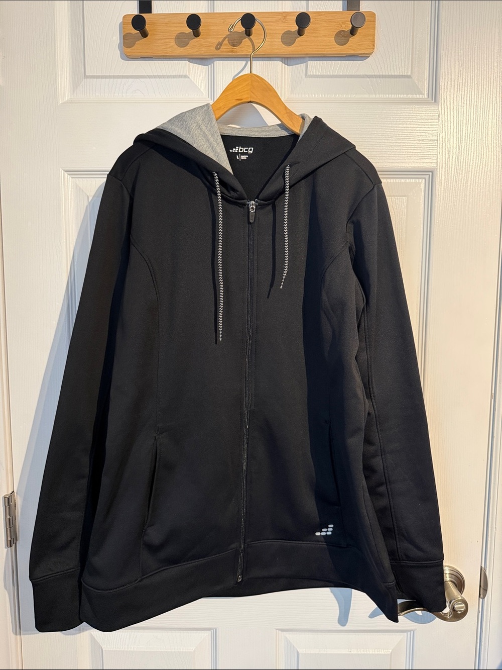 bcg Black Hooded Lightweight Zip Fleece lined Jacket w/ Gray Lined Hood